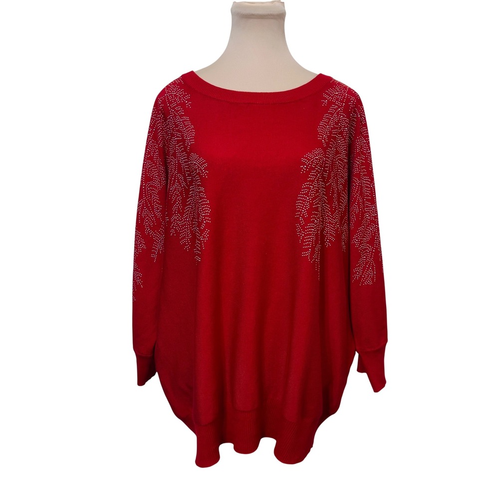 A‎ Love Story Women Sweater Red Dolman Sleeve Rhinestone Star No Size OS